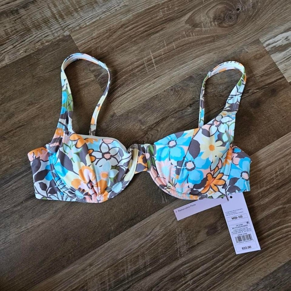 Wild Fable Retro Floral Underwire Bikini Top Blue Orange Tan M 8-10 NWT